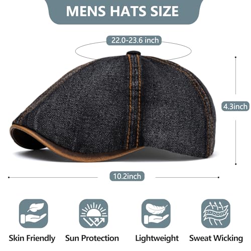 meioro Mens Denim Newsboy Hat 6 Panel Cotton Adjustable Flat Cap - color: Black