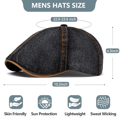 meioro Mens Denim Newsboy Hat 6 Panel Cotton Adjustable Flat Cap - color: Black