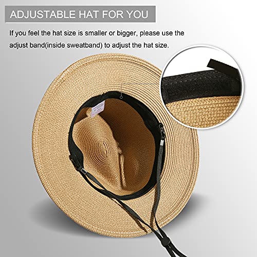 Lanzom Women Wide Brim Straw Panama Roll up Hat Fedora Beach Sun Hat UPF50+ - color: Beige/Brown, size: One Size-Medium