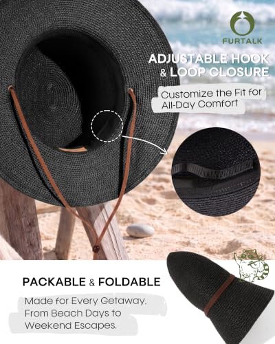 FURTALK Womens Wide Brim Sun Hat with Wind Lanyard UPF Summer Straw Sun Hats for Women - color: Black, size: Medium-Large