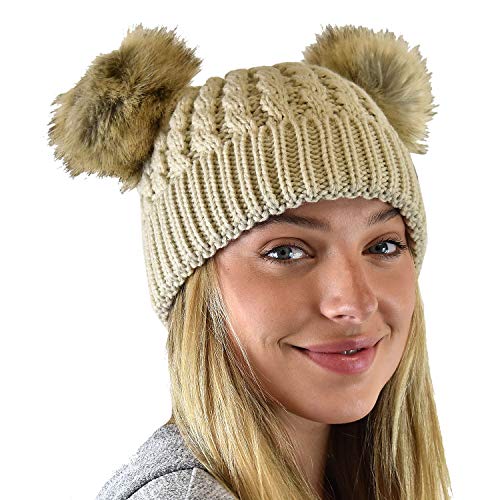 C.C 2 Ear Pom Pom Cable Knit Soft Stretch Cuff Skully Beanie Hat - color: Faux Fur Beige