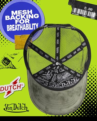 Von Dutch Unisex Velvet Trucker Hat, Curved Bill, Mesh Back, Snapback - color: Olive