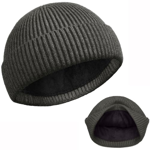 ROYBENS Swag Wool Knit Cuff Short Fisherman Beanie for Men Women Winter Hat - color: 1pcs-dark Grey-thick Double Layer
