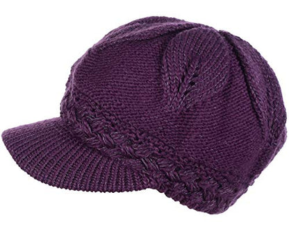 BYOS Womens Winter Chic Cable Warm Fleece Lined Crochet Knit Hat W/Visor Newsboy Cabbie Cap - color: Braided Front Purple