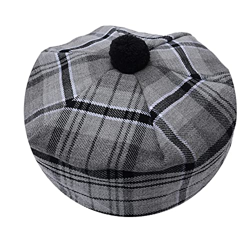 HAAUR Scottish Tammy Hat Traditional Kilt Tam o' Shatner Acrylic Wool Flat Bonnet Various Tartans with Pompom One Size - color: Hamilton Grey
