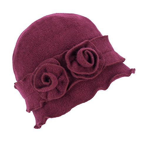 Womens Gatsby 1920s Winter Wool Cap Beret Beanie Crochet Bucket Flower Hat A285 - color: Wine