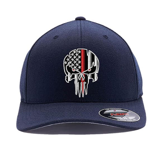 G&B Red Thin Red/Blue Line Spartan Helmet & Distressed Skull Flex Baseball Cap. Embroidered. 6277/6477 Flex Baseball Hat - color: Dark Navy 2, size: Small-Medium
