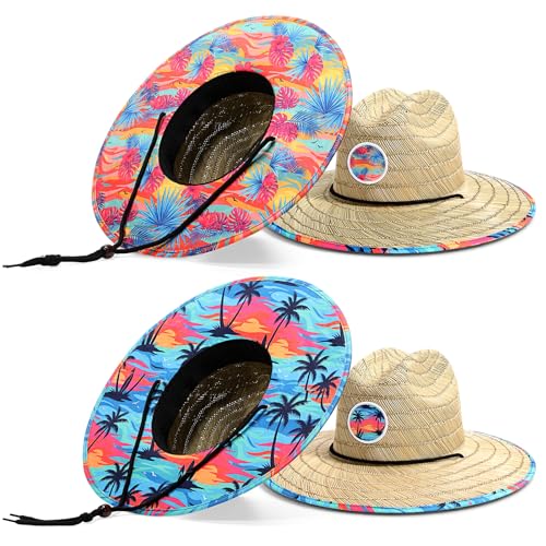 Cuffbow 2 Pack Straw Sun Hats for Women Men - style: Palm Tropical