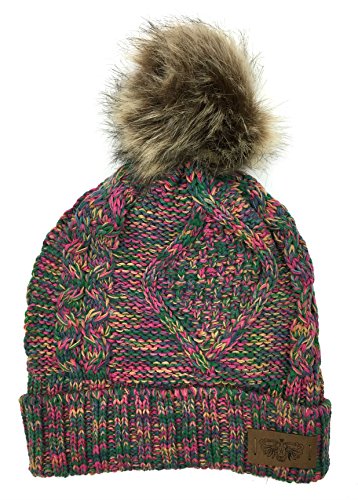 Women's Winter Fleece Lined Cable Knitted Pom Pom Beanie Hat - color: Rainbow
