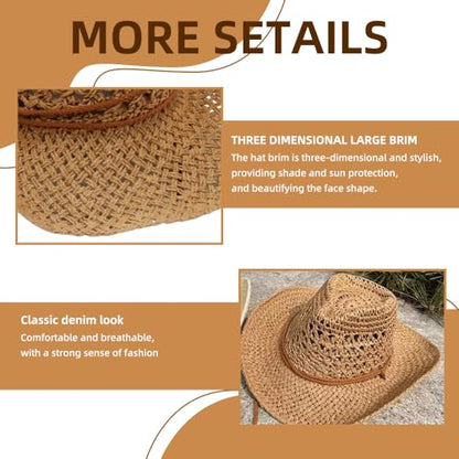 Women/Men Straw Cowboy Hat Wide Brim Sun Beach Cowgirl Hat Summer Western Cowboy for Travel Outdoor Family - color: Khaki