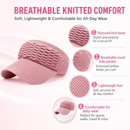 2Pcs High Ponytail Sun Visor Hat, Women's Sun Visor Hats, Knitted Breathable Wide Brim UV Protection Cap - color: Off-white + Pink