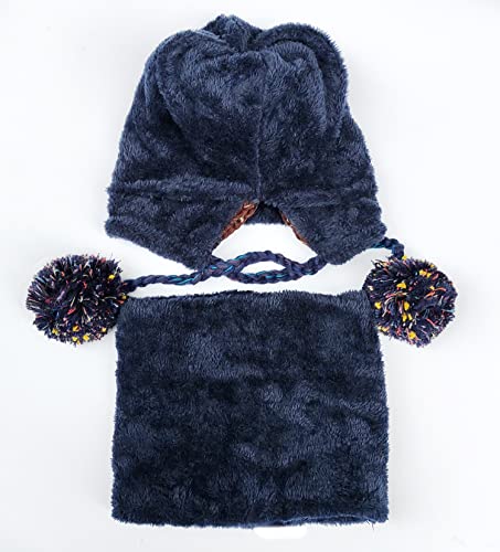 HUAMULAN Women Winter Knit Beanie Hat Circle Scarf Set Pompoms Ear Flaps - color: Navy