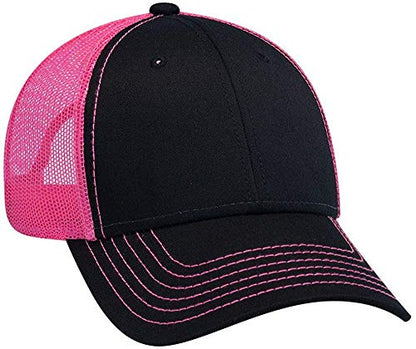 Ashen Fane 6 Panel Low Profile Contrast Vertical Mesh Back Snapback Hat - color: Blk/Blk/N.pnk