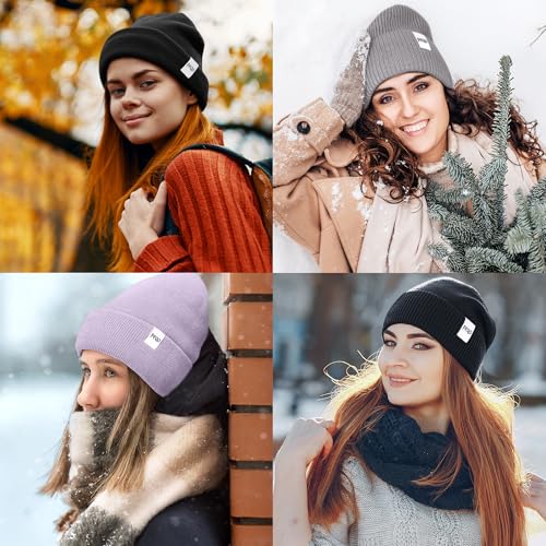 FEQO 4 Pack Satin Lined Winter Beanie Hats Soft Silk Lined Beanies - color: Black, White, Light Gray, Lavender Purple