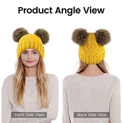 Arctic Paw Womens Winter Hat Cable Knit Beanie for Women Faux Fur Pompom Ears - color: Yellow Hat Coffee Ball