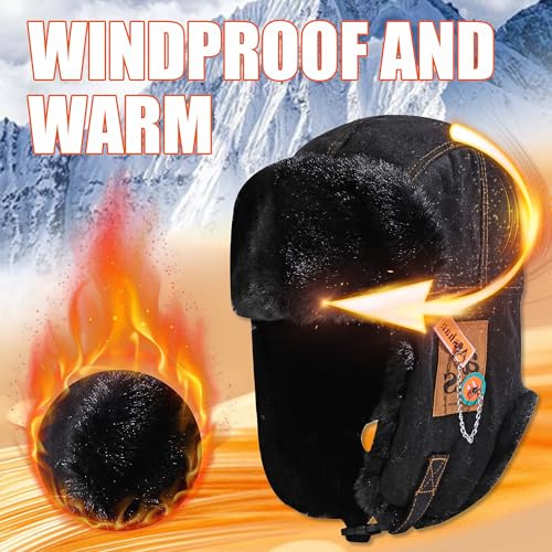 Croogo Trapper Hat Winter Hats for Men Trooper Russian Warm Hat with Ear Flaps Women Ushanka Fur Hat Windproof Ski Hat - color: Pl10-black