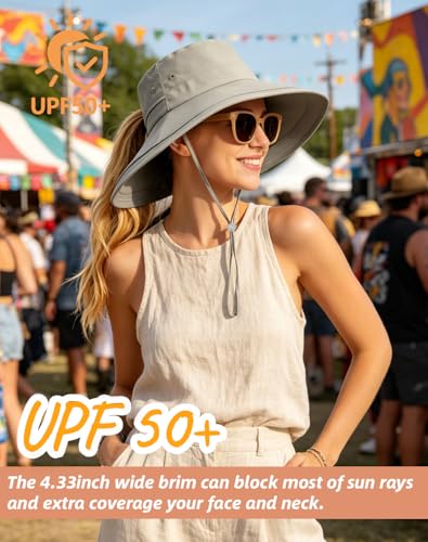 Rosoz Women Sun Hat with Ponytail Hole Wide Brim Bucket Hats UPF 50+ Beach Hiking Gardening Hat Water-Resistant Outdoot Hat - color: Light Grey