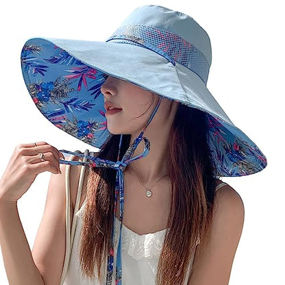 HUAMULAN Wide Brim Women Summer Sun Floppy Hat Reversible Beach Bucket Hat - color: M2446-blue