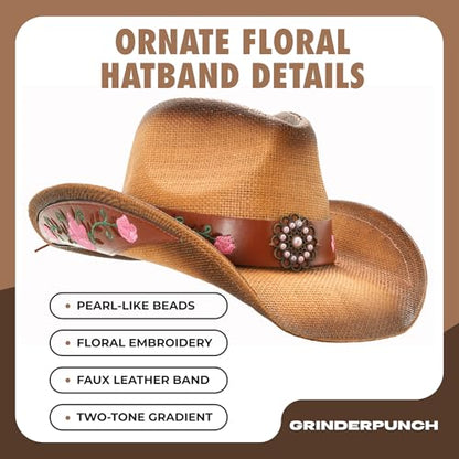 grinderPUNCH Straw Cowboy Hat for Men Women Western Cowgirl Outback Sun Hat - color: Leather