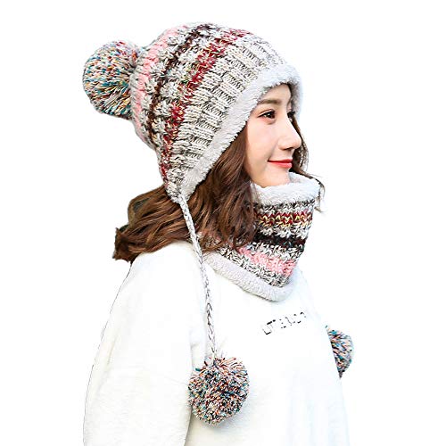 Ypser Women's Winter Warm Knitted Crochet Hat Fleece Lined Cable Faux Fur Pom Pom Beanie Hat Skull Cap - color: Gray 2 Pcs Set (Hat & Scarf)