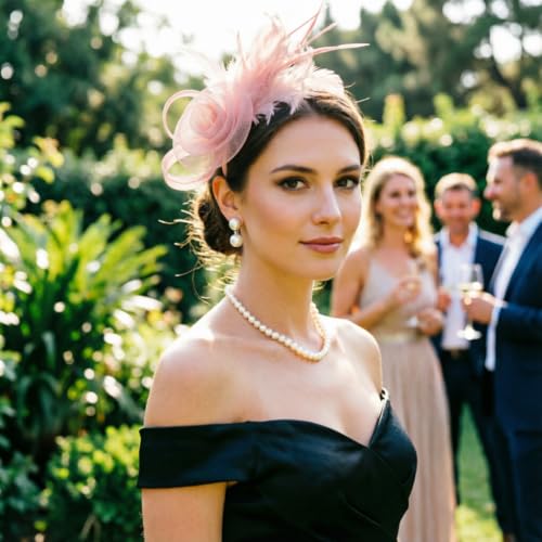 DRESHOW Fascinators Hats for Women Tulle Feather Tea Party Fascinator Hats - color: Nude Pink