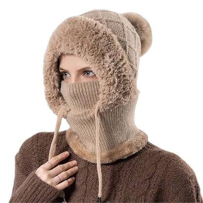 Women’s Knitted Beanie Hat with Face Cover - 3 in 1 Winter Balaclava with Mask Scarf Ear Muffs Pompom Fleece Lined Snow Caps - color: Brown-b