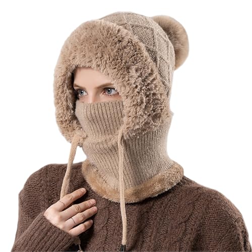 Women’s Knitted Beanie Hat with Face Cover - 3 in 1 Winter Balaclava with Mask Scarf Ear Muffs Pompom Fleece Lined Snow Caps - color: Brown-b