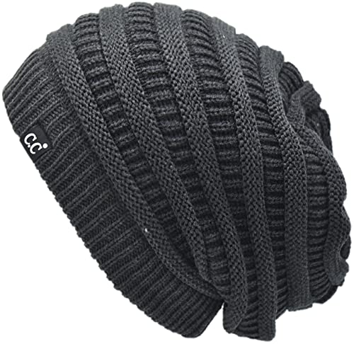C.C Beanie Oversized Hat with Fuzzy Lining – Thick Knit Thermal Beanie for Cold Weather, Soft Warm Fleece Lined Cap - color: Charcoal Grey