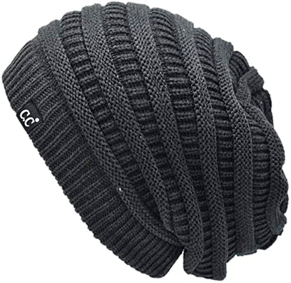 C.C Beanie Oversized Hat with Fuzzy Lining – Thick Knit Thermal Beanie for Cold Weather, Soft Warm Fleece Lined Cap - color: Charcoal Grey