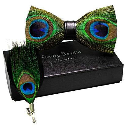 RBOCOTT Handmade Feather Pre-tied Bow tie and Brooch Sets for Men - color: Peacock Blue/Brown