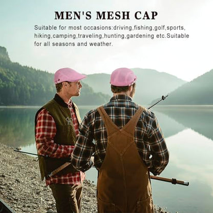 Xinveen Men's Mesh Cap Breathable Summer Newsboy Hat Adjustable Beret Ivy Cap Irish Cabbie Driving Hunting Hats - color: Pink