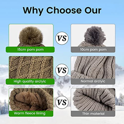 Arctic Paw Womens Winter Hat Cable Knit Beanie for Women Faux Fur Pompom Ears - color: Khaki Hat Coffee Ball