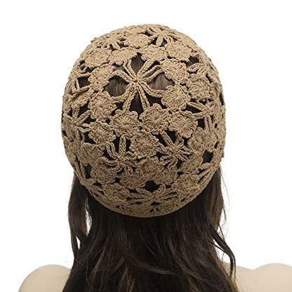 ZLYC Women Summer Slouchy Crochet Hat Handmade Cutout Skull Cap with Visor - color: Plain Khaki, size: One Size