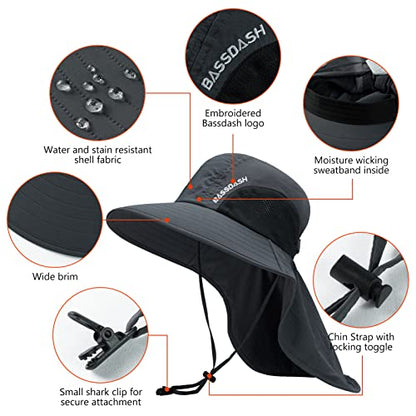 BASSDASH UPF 50+ Unisex Water Resistant Wide Brim Sun Hat with Large Neck Flap Ponytail Fishing Hat for Men Women - color: Dark Grey