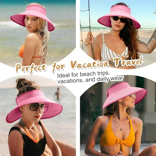 Women's Sun Visor Hats Wide Brim Straw Beach Hat Ponytail Hats for Women Foldable Floppy - color: 1pack-pink
