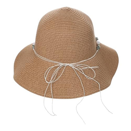 Womens Straw Sun Hat Wide Brim Summer Beach Hat with Beaded Trim Summer Foldable Floppy Hat for Travel Vacation UV Protection - color: Light Brown