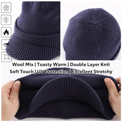 Home Prefer Mens Wool Blend Winter Hat Double-Layer Warm Knit Pre-Curve Visor Beanie Brimmed Beanies Hat for Men Women - color: Navy Blue