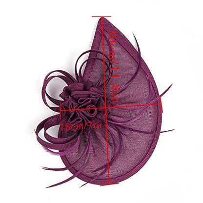 Fascinators Hat for Women Tea Party Headband Mini top Hats Cocktail Flower Mesh Feathers Hair Clip - color: Purple-2