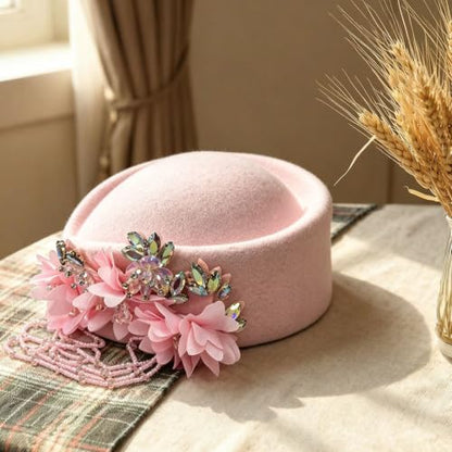 Women's Retro British Felt Headscarf Hat Church Derby Headdress with Floral Women's Soft Beret - color: 02 Light Pink