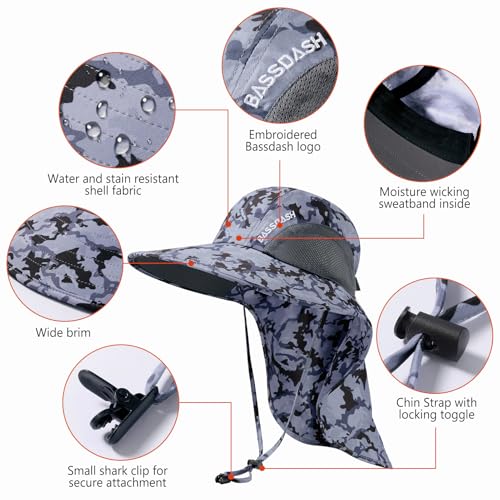 BASSDASH UPF 50+ Unisex Water Resistant Wide Brim Sun Hat with Large Neck Flap Ponytail Fishing Hat for Men Women - color: Storm Camo
