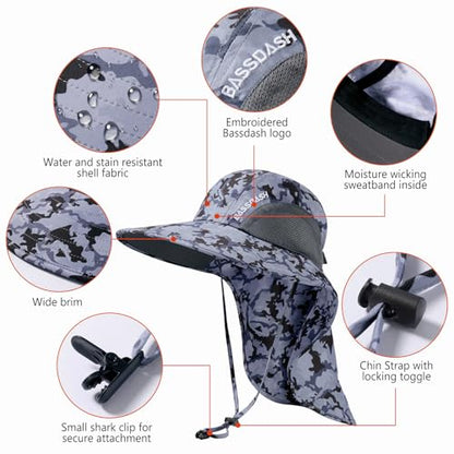 BASSDASH UPF 50+ Unisex Water Resistant Wide Brim Sun Hat with Large Neck Flap Ponytail Fishing Hat for Men Women - color: Storm Camo