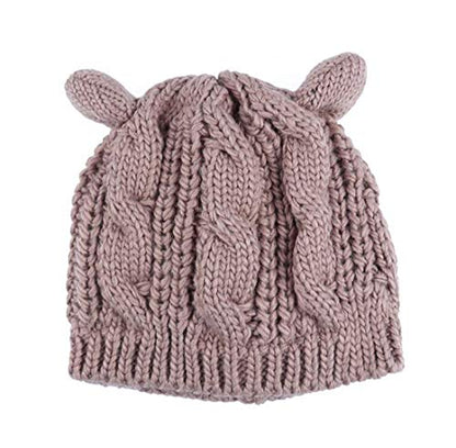 Women Winter Wool Baggy Beret Beanie Cute Devil Cat Ear Crochet Braided Knit Hat Ski Cap - color: Khaki