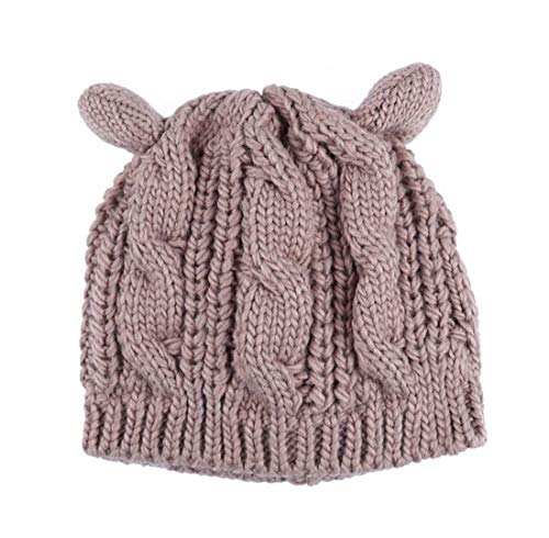 Women Winter Wool Baggy Beret Beanie Cute Devil Cat Ear Crochet Braided Knit Hat Ski Cap - color: Khaki