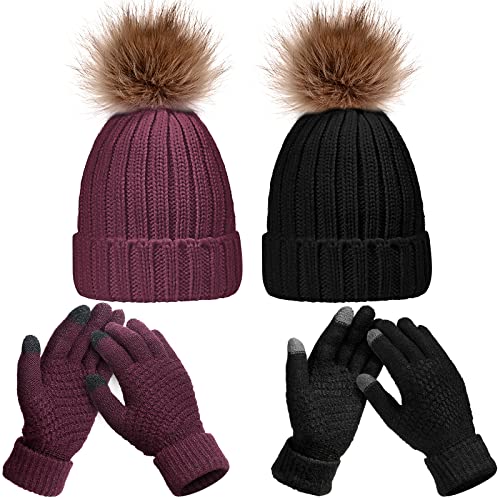Syhood 4 Pcs Hat and Glove Set Winter Beanie and Glove Set - color: Black and Wine Red