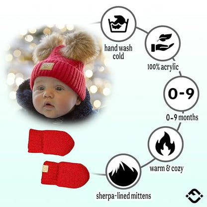 Funky Junque Baby Double Faux Fur Pom Pom Beanie & Mittens Set – Newborn Infant 0–9 Months Winter Hat with Soft Lined Mittens - color: Diagonal Basketweave: Red (0-9 Months)