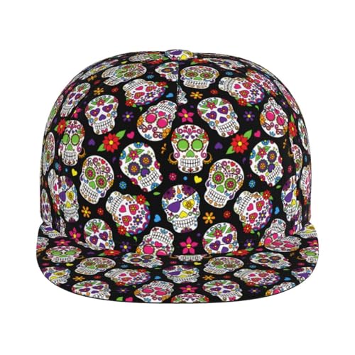 Skull Snapback Hat for Men Women, Stylish Flat Bill Hat Baseball Caps Adjustable Flat Brim Hip Hop Trucker Hats Sun Cap - color: Sugar Skull 13