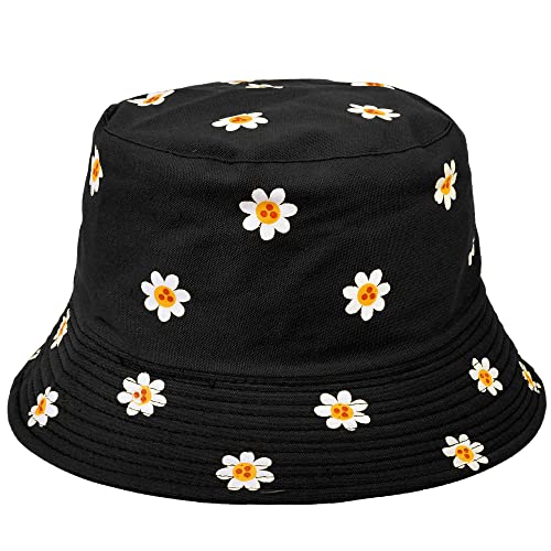 Falari Reversible Bucket Hat for Men Women Summer Travel Beach Outdoor Fishing Hat 100% Cotton - color: J876-black-daisy Flower