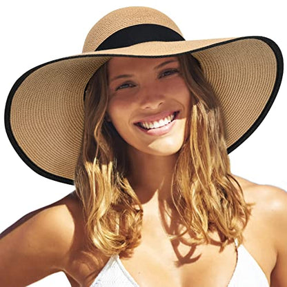 FURTALK Womens Sun Straw Hat Wide Brim Floppy Summer Beach Hats for Women - color: Khaki With Black Brim, size: Medium-Large