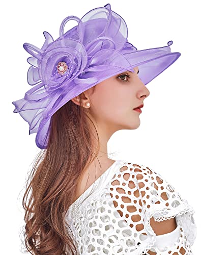 Z&X Organza Church Fascinator Wedding Tea Party Derby Hats for Women Flower Wide Brim Sun Hats - color: 022 Purple