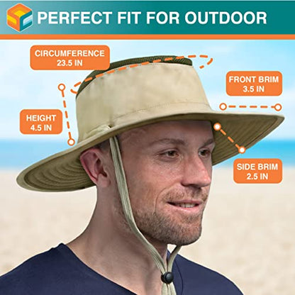 SUN CUBE Wide Brim Sun Hat for Men Women UPF 50+ UV Protection Safari Boonie Hat with Chin Strap, Pocket, Fishing Hiking Hat - color: Tan